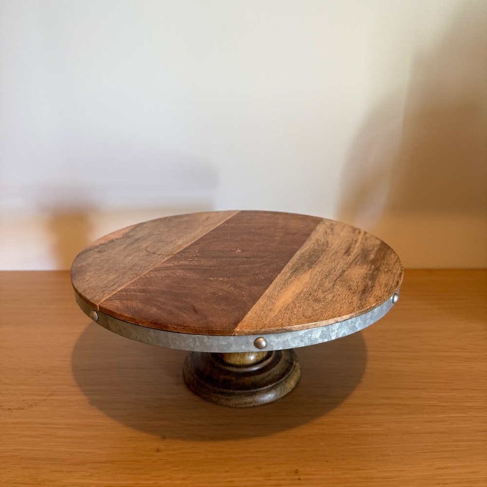 Rustic Wood Cake Stand Galvanized Metal Trim Rivets Farmhouse Pedestal 13"-6"